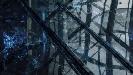 An abstract view of intersecting dark lines and textures, with light play