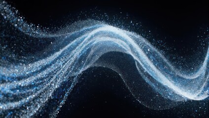 Abstract, flowing ribbon of shimmering particles in various shades of blue and white against black