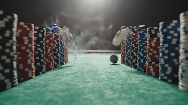 Poker chip stacks green felt table with dice rolling and smoke creating intense gambling atmosphere casino game night betting colorful chips stack game bet tokens casino gambling green felt surface - Powered by Adobe