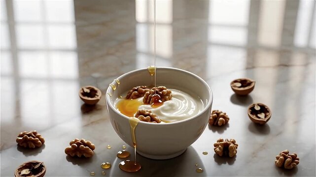 Greek yogurt with walnuts and honey dripping down the sides in a white bowl on a luxurious marble surface with scattered nutshells and whole nuts