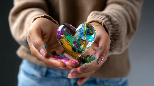 Anonymous hands mixing colors with defocused body and crystal clear romantic heart composition on canvas visible, with copy space
