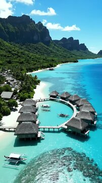 Bora Bora Aerial Drone Footage of Overwater Bungalows Tropical Paradise