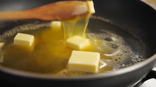 The image shows butter melting in a black pan, stirred using a wooden spoones
