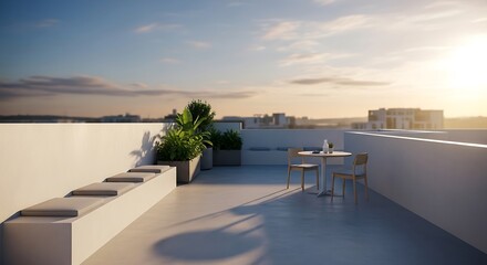 Fototapeta premium Minimalist Roof Terrace Design with Urban View at Sunset Serenity