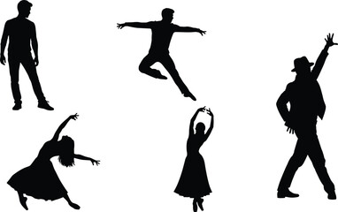 Collection of Male and Female Solo Dancer Silhouettes Vector Illustration, Capturing Dynamic Poses, Modern, Contemporary, and Theatrical Dance Styles Isolated on White