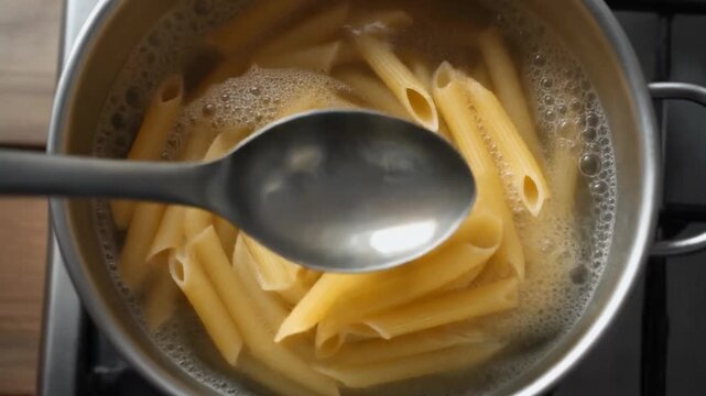 penne pasta being cooked in a pot of boiling water on the stove.&nbsp;Metal spoon stirs pasta.&nbsp;Steam rose from the pot.&nbsp;Ideal for food, cooking, recipes or Italian cuisine concepts.cooking pasta in a pan