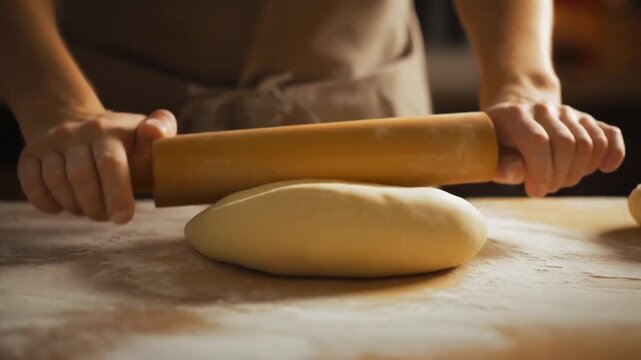 A pair of skilled hands uses a wooden rolling pin to spread bread or cake dough onto a floured kitchen table surface.&nbsp;Close-up focus captures the texture and movement of food making yh