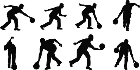 Dynamic Set of Bowling Player Silhouettes Vector Illustration, Capturing Men in Various Throwing and Release Action Poses for Sport, Recreation, and Leisure Graphics