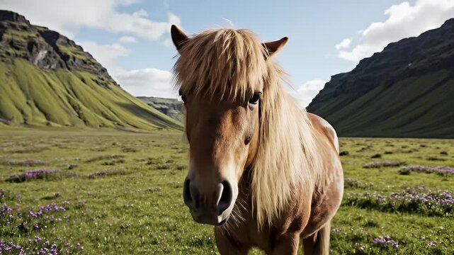 Brown Horse Standing In Green Grassy Field With Purple Flowers