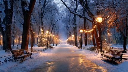 Enchanting winter park pathway illuminated by warm lamp light and festive string lights, inviting serene snowy strolls and magical holiday moments.
