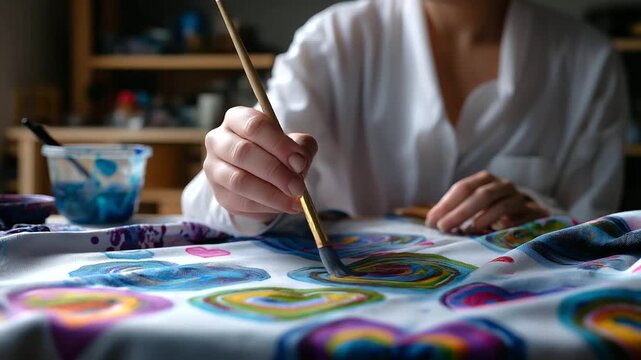 Overhead angle showing faceless painter creating detailed colorful abstract hearts and circular forms on textile, with copy space