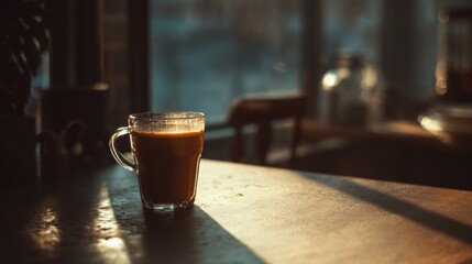 Coffee in a Clear Glass Mug on a Table Illuminated by Sunlight, Tranquility