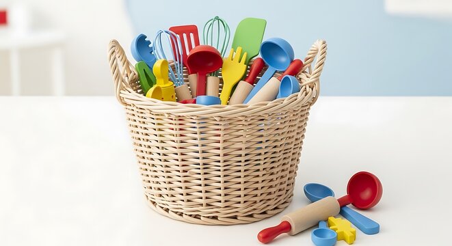 Vibrant toy kitchen utensils in a woven basket, playful culinary scene