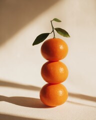 Three matte mandarins stacked on white surface with soft shadows.