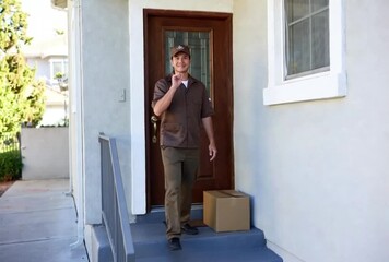 Speedy delivery service brings package right to your doorstep, making online shopping convenient and reliable with a friendly courier smiling