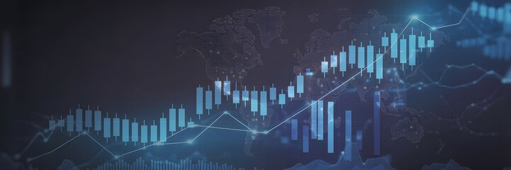 Global stock market analysis chart with world map background.