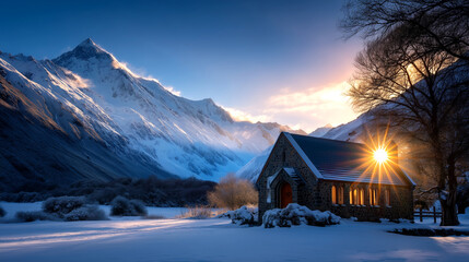 Stunning stone chapel nestled in a snowy mountain valley bathed in the warm glow of a breathtaking sunset.