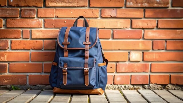 Blue backpack leaning against a weathered brick wall