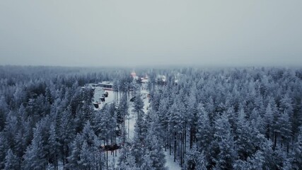 Drone footage of a snow-covered coniferous forest, in the background among the trees are some illuminated houses with decorations. Perspective images. 4K.