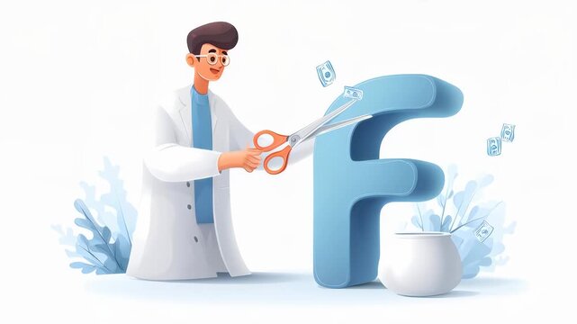 A cartoon character in a lab coat cutting a large blue letter 'F' with scissors, surrounded by money symbols and plants.