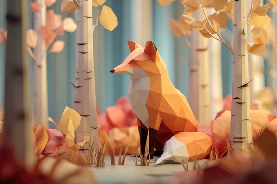 Origami Fox in Autumn Forest - Paper Art Amidst Falling Leaves and Birch Trees.