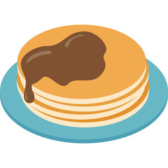 Stack Of Golden Brown Pancakes With Chocolate Syrup Drizzled On Top Served On A Blue Plate Isolated On A White Background