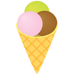 Three Scoops Of Ice Cream In A Waffle Cone With Pink Brown And Green Flavors On A Transparent Background