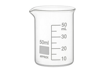 Glass laboratory beaker measuring 50ml capacity with transparent background