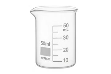 Glass laboratory beaker measuring 50ml capacity with transparent background