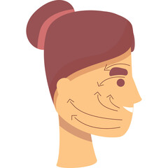 Side Profile of Woman's Face with Dotted Lines Indicating Facial Massage or Skincare Treatment Application in Warm Skin Tone and Brown Hair Bun Style
