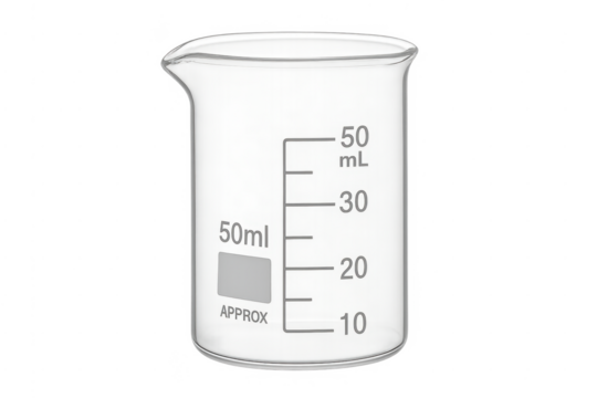 Glass laboratory beaker measuring 50ml capacity with transparent background