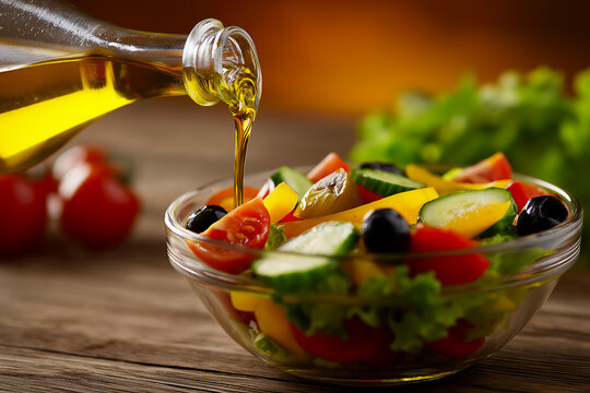 Healthy Greek salad with feta cheese and olives, olive oil pouring from bottle - Powered by Adobe