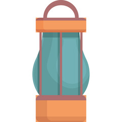 Stylized illustration of an old fashioned lantern with a teal glass body and orange metal frame against a clean white background ideal for graphic design projects and decorative purposes