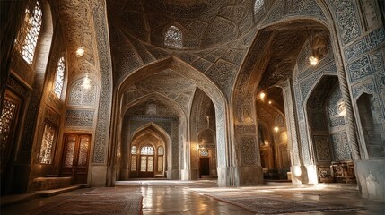 Fototapeta premium Interior View of the Shah Mosque in Isfahan, Iran, Featuring Intricate Islamic Architecture, Arches, and Calligraphy, Emphasizing Cultural Heritage and Religious Significance
