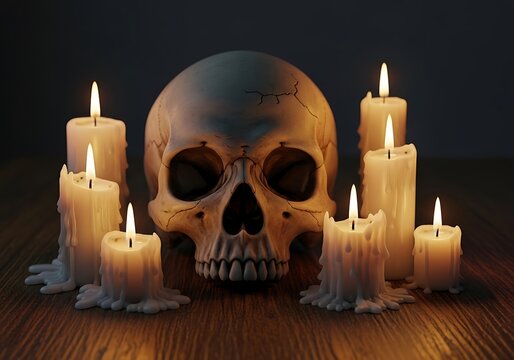 Eerie ambiance with a skull surrounded by glowing flickering candles
