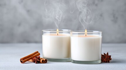 aromatic candles with vanilla and cinnamon scent, steam rising, cozy winter vibe