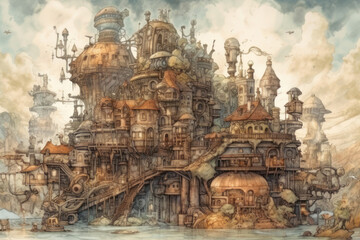 Naklejka premium An atmospheric steampunk illustration depicting a fantastical city on water, assembled from a tangled web of pipes, mechanisms, staircases, and whimsical structures. 