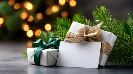 Elegant white gift boxes with festive green and gold ribbons and a blank card, nestled among pine branches with warm bokeh lights for holiday greetings.