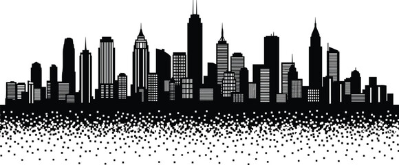 Black silhouette modern city skyline with tall skyscrapers, fading into a dissolving dot halftone pixel effect, urban landscape vector illustration isolated on a white background. © Hazera Creative