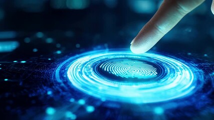 Finger touching digital biometric fingerprint scanner for secure authentication and identity verification on futuristic blue interface - Powered by Adobe