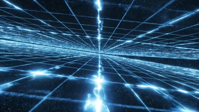 Futuristic digital grid with glowing blue lines and particles creating dynamic network in space evoking advanced technology and infinite connectivity with electric blue sparks and energy flow