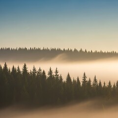 Fototapeta premium Misty coniferous forest at sunrise in serene countryside atmosphere