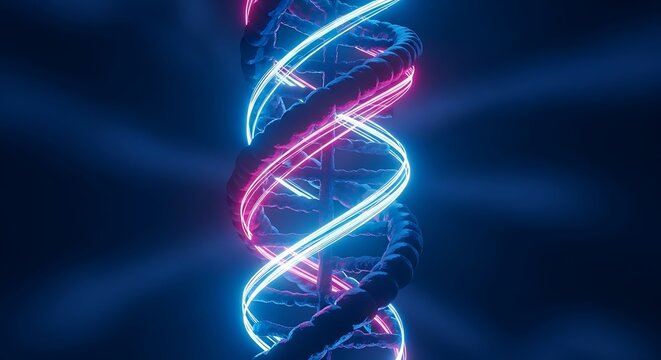 Neon DNA Structure Concept with Pink and Blue Glowing Futuristic Strand