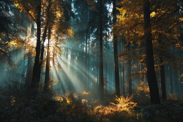 Naklejka premium Forest of tall trees with golden leaves and dramatic sun rays.