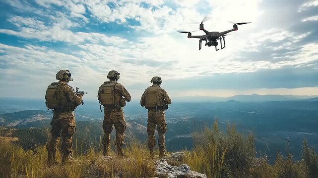 Team of soldiers on a mountain ridge utilizing a surveillance drone for a tactical reconnaissance mission under a blue sky