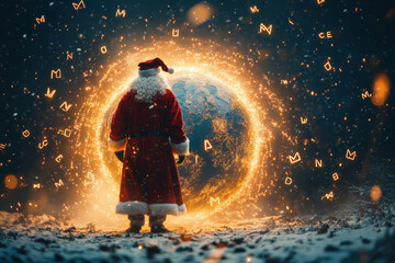 A mesmerizing image features Santa Claus standing before a glowing orb filled with dancing symbols, symbolizing wonder, joy, and the enchanting spirit of the holiday season.