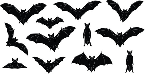 Black Silhouettes Set of Bats in Different Flying and Standing Poses, Representing Halloween, Spooky Night, Mammals, and Scary Animal Vector Graphic Elements