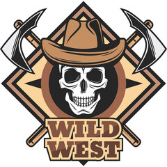 Wild West Skull Emblem Featuring Crossed Axes and Cowboy Hat on a Diamond Emblem with Earthy Tones and Transparent Background