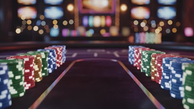 Casino poker chips stack on table with colorful blurred background creating vibrant gambling game atmosphere full of excitement anticipation and entertainment leisure activity night scene