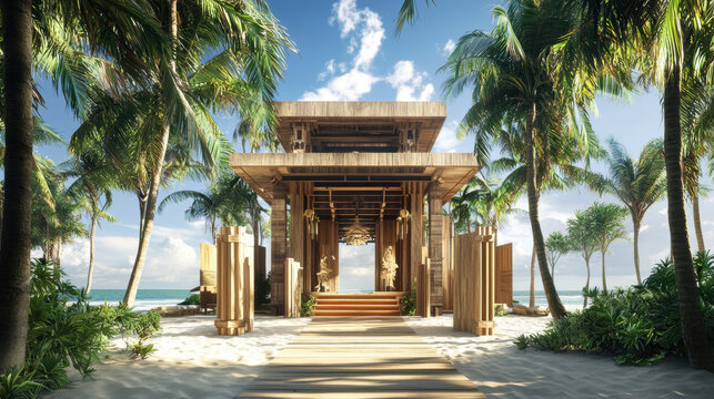 Tropical palm trees on beach and in park with sea sky and sand